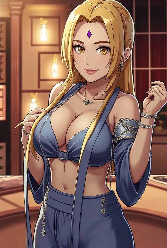 (((Solo))) Girl with light blonde hair in a ponytail with bangs, smiling, facing camera, blue eyes, large chest, wearing blue kimono with floral patterns, cleavage, sitting at a wooden table, beautiful eyes, detailed hands, full lips, best quality, (fortune teller), wearing golden earrings, wearing a golden necklace, holding an orb, tarot cards, stars, (horizon)
