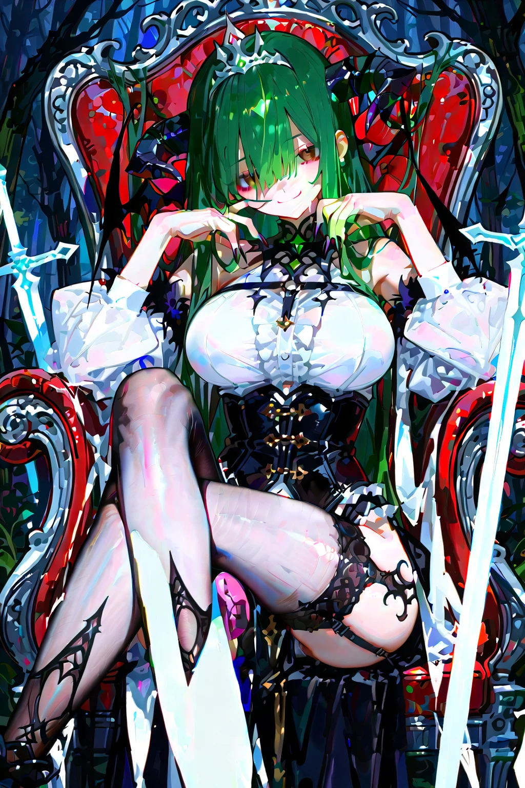 score_9, score_8_up, score_7_up, source_anime, wrnchqupgr, high quality, masterpiece, (1girl), , , black hair, multicolored hair, green hair, multiple boys, pov, cowboy shot, cowgirl position, cowgirl, girl on top, dress, small breasts, breasts out, nipples, clothing aside, pussy, large insertion, large penis, veiny penis, thick penis, vaginal, sex, long, hair, gangbang, cum in mouth, looking to side, ((fellatio)), fingerless gloves,