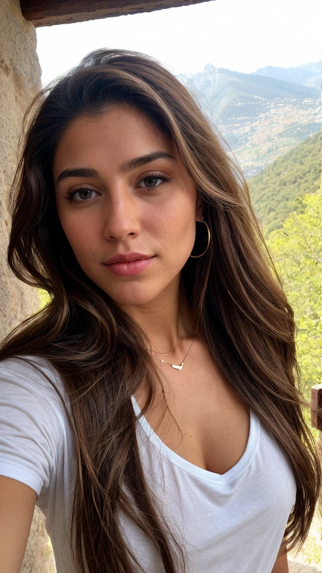 A 23-year-old brunette woman aheago, ((pechos grandes)), ((hiperrealismo)) ,. hazelnut hair with light brown roots. cabello rubio, Hair with brown roots, cabello extra largo, cabello muy largo, really long hair, Beautiful, Front view, selfie, photo taken with iPhone, elegant black shirt with escote, escotada, selfie in hotel, high quality, selfie iPhone, cleavage