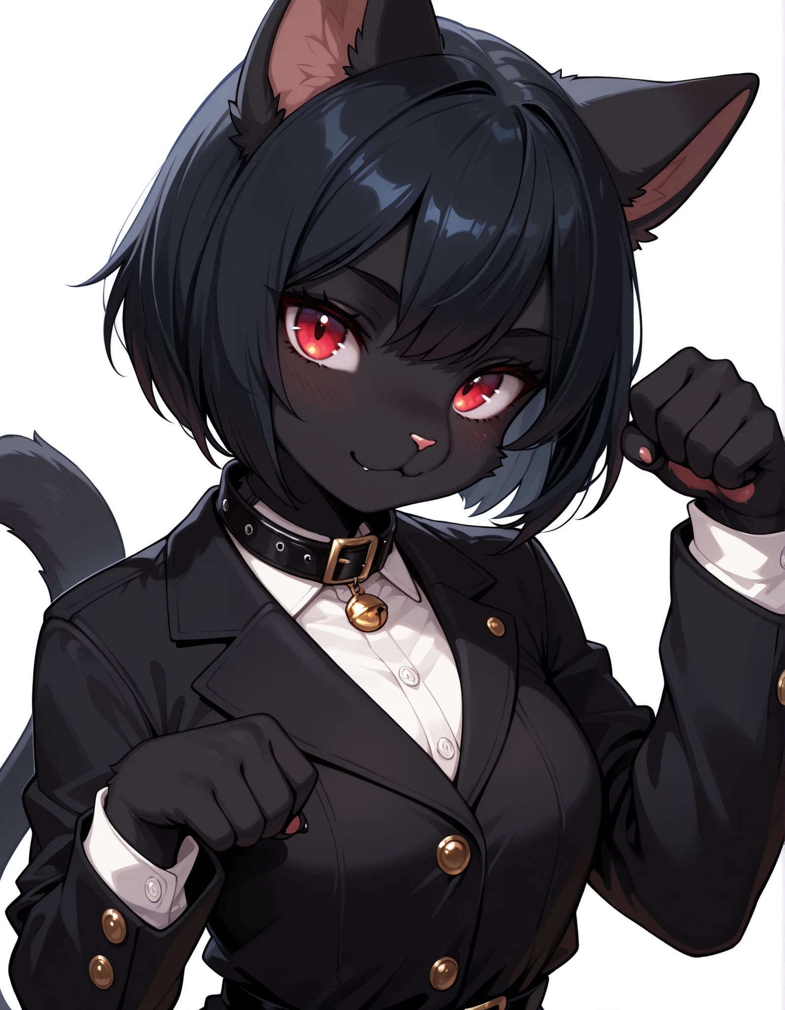 ,, masterpiece, best quality, very aesthetic, 1girl, solo, white background, looking at viewer, portrait, paw pose, :3, furry female, cat girl, animal ears, black hair, short hair, black skin, red eyes, cat tail, black jacket, buttons, long sleeves, black belt, collar, masterpiece, best quality,