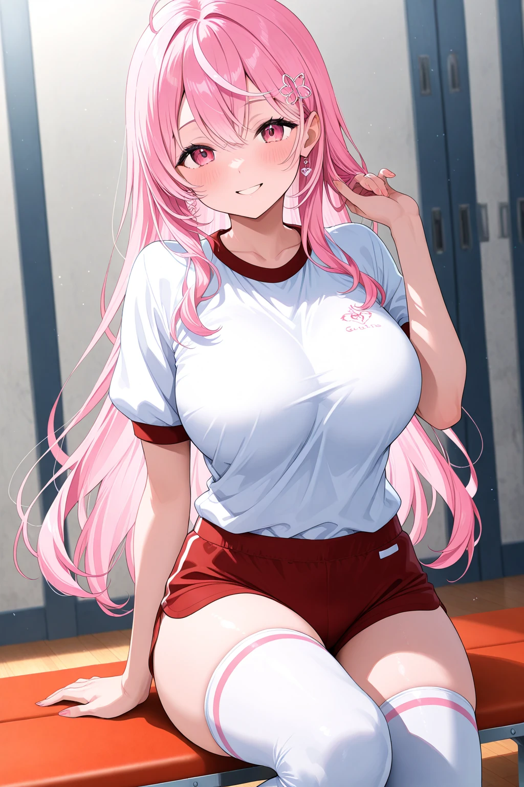 Long pale white pink hair scattered,Braids,Pink eyes,Loving pupils,girl,huge tit,White sports shorts,white short sleeve,Clothes drenched in sweat,The upper body of the body is pressed against a transparent glass door