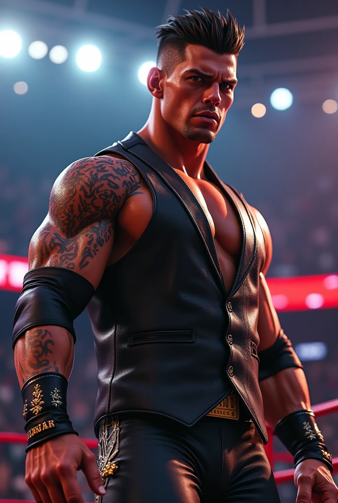 Imaginez un boxer musclé avec des tatouages qui est sur le ring dans le feu de l'action un grand monde autour de lui il porte une culotte de boxe noir et des gangs de boxe ayant la marque wstars¢ unique et facile a l'oeil nue