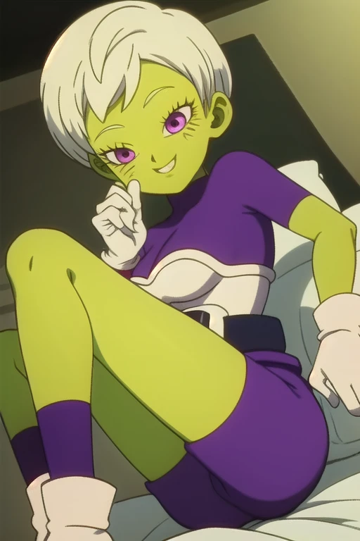 (high detailed skin, detailed eyes:1.1), intricate details, best quality, 8k uhd, soft lighting, 1girl, solo, smile, Cheelai, white hair, purple eyes, green skin, bodysuit, skin tight, white armor, belt, white gloves, Seductive pose, sensuality, sexual body, spreading legs, ahegao