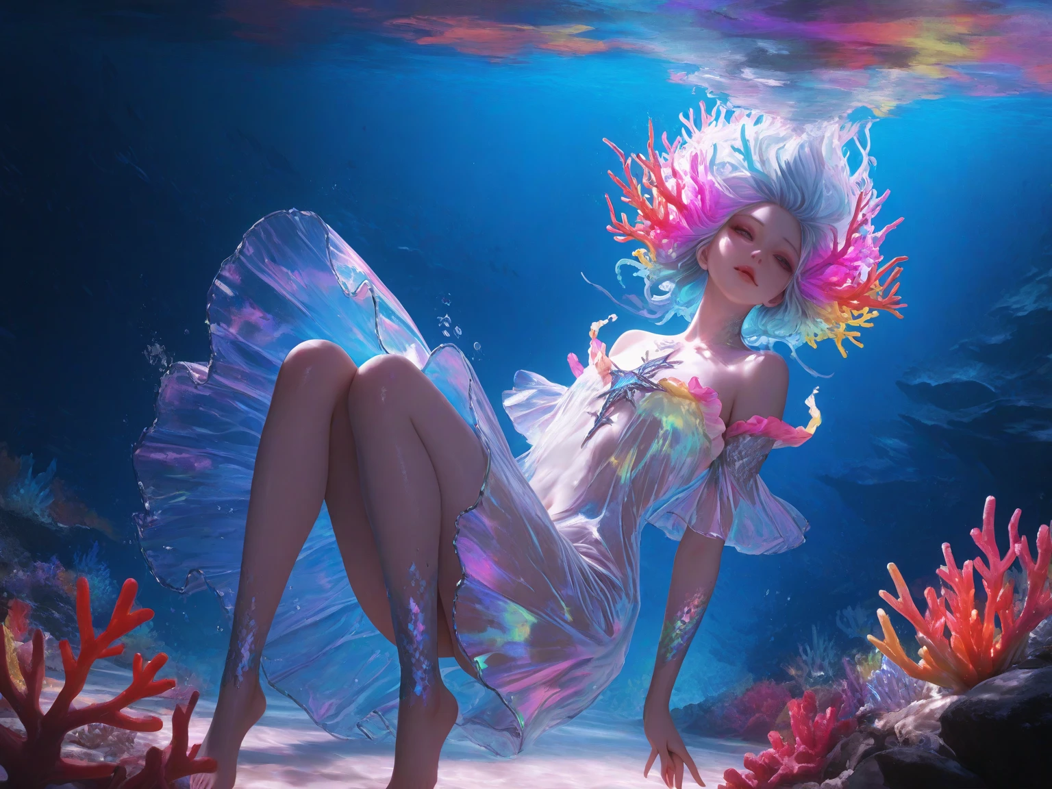 a beautiful girl is sitting on the beach,Crystal spring flower, Pink white gradient, water drop, Fantastical, galaxies, Transparent, Light blue leaves, brilliance, aqua, colorful, Magical photography of light blue leaves, dramatic illumination, Photo realism, Ultra detailed, depthoffield, high resolusion, parted bangs, silver hair, Sparkle, god rays, projected inset, from above, 4k, anatomically correct, UHD