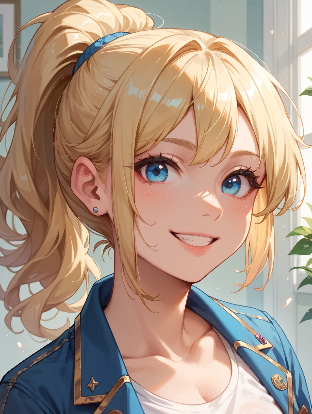 Best quality , masterpiece, Portrait、、Bright expression、ponytail、Young, shiny, white, glossy skin、Gloss Face、Shining Cheek Gloss、Small Face Beauty、The best beauty、The dazzling light of blonde hair、Bright blonde hair with dazzling highlights、Very beautiful shiny light blonde hair、super long silky straight hair、Her shiny, beautiful bangs are covering her eyes.、Sparkling, clear, attractive, bright, large, pale blue eyes、Very big eyes、eyeliner、very beautiful lovely cute 16 year old girl、young girl, Ample Bust, upper body , (smile:1.2) , ((((rider jacket , ponytail ))))
