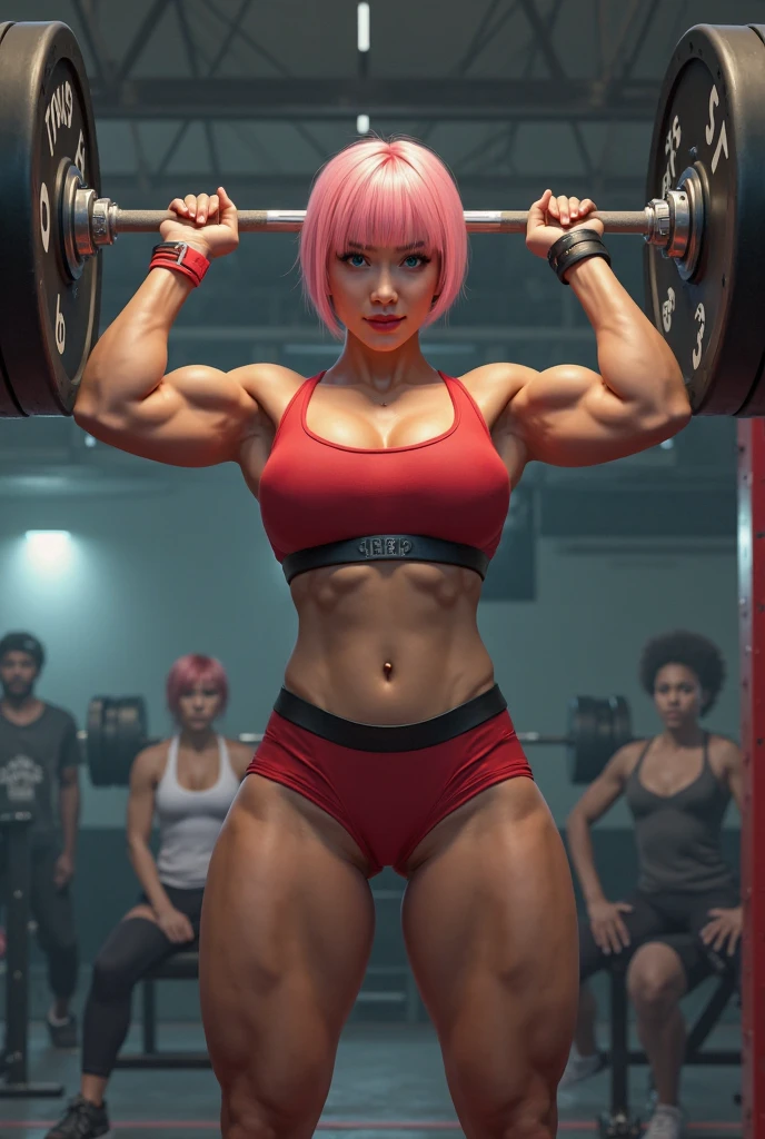 masterpiece, best quality, ultra high res, beautiful detailed hair detailed face, full-body potrait, 1girl, solo, perfect feminine face, beautiful and gergous muscular korean idol female, (body builder), toned abs, (sixpack), pink haired, blunt hairstyle, short hair, striped print bikini, standing, flat chested, (lifting weights:1.2), barbell
