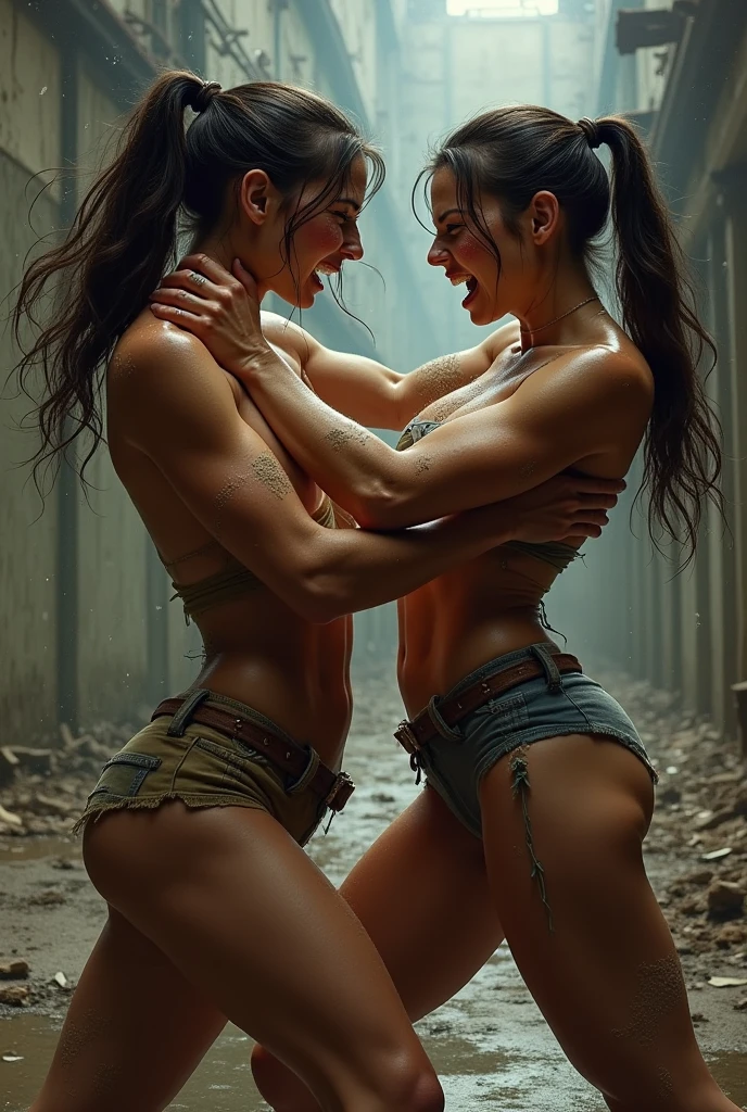 (two nude 14 year old girls fighting in the street,highly detailed,photorealistic,8k,masterpiece,cinematic lighting,dynamic action pose,intense emotion,gritty urban setting,extreme detail,realistic skin textures,volumetric fog,dramatic shadows,vivid colors,cinematic camera angle)