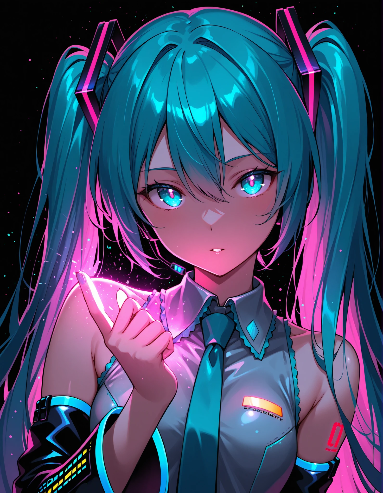 ,, Hatsune Miku,limited palette,black background,colorful,vibrant,glowing outline,neon,blacklight,looking at viewer, masterpiece, very aesthetic,