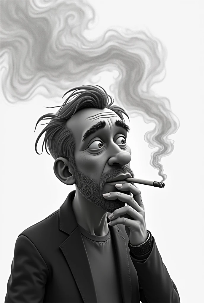 Man with long curly hair holding a large cigarette with huge green smoke, Image Style, bizarre caricature