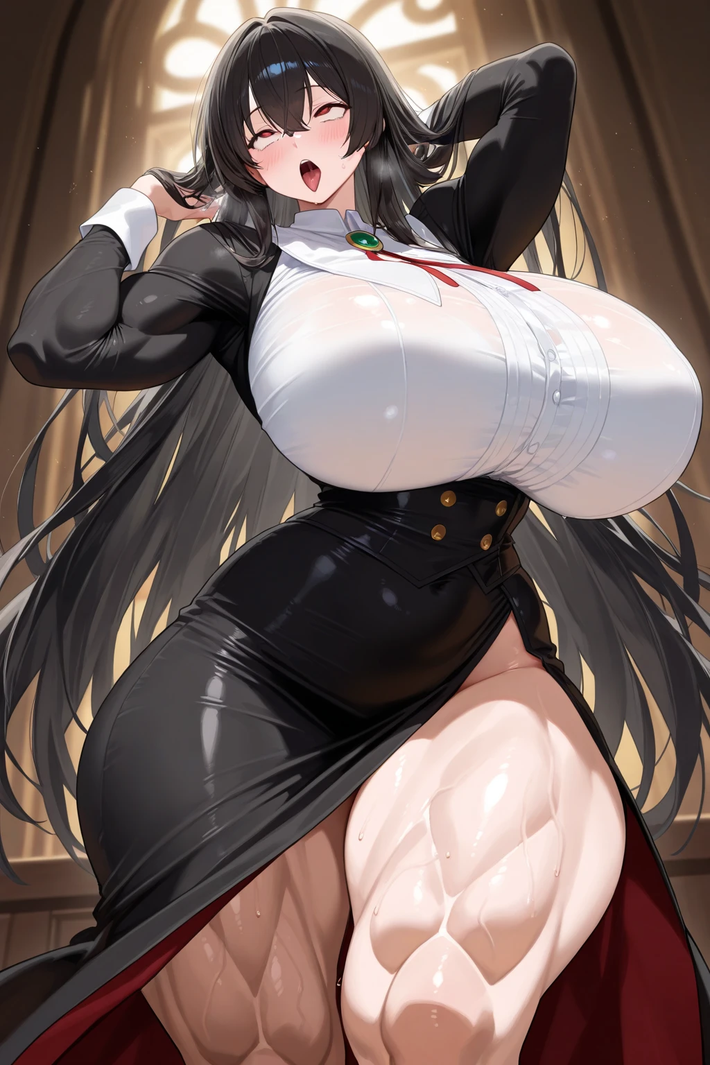{{masterpiece}},high quality, 4K, 2D, 1 girl,{simple gray background},(attractive mature lady:1.6),milf,standing,sagging breasts,(gigantic breasts:1.5),maid,front face,{{tareme}},attractive mature lady,black hair, {from right in front of face and body},View viewers from front,{front facing shot},Wear glasses,(serious:0.1)