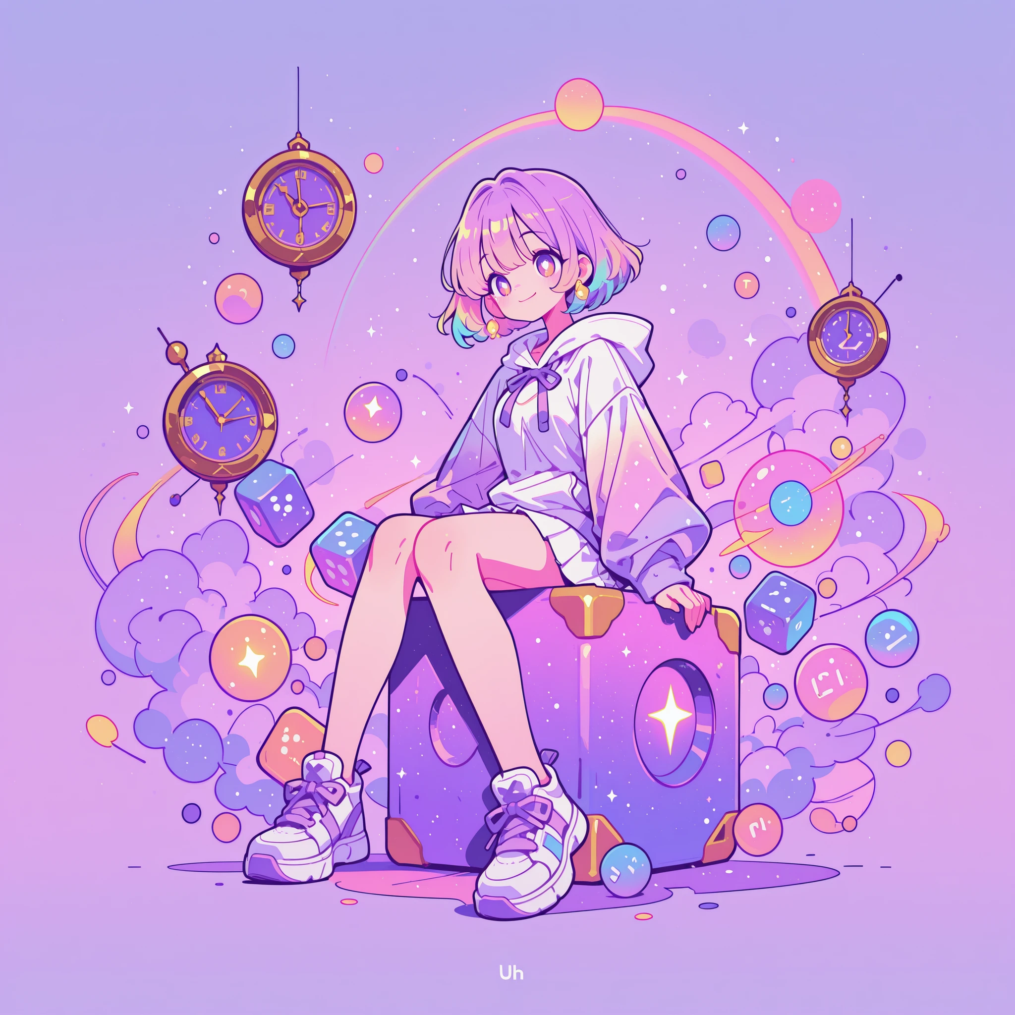 anime,cute girl, sitting on a giant dice, wearing white sneakers, surrounded by many colorful dice, large floating clock in the background, glowing hourglass, dreamy fantasy atmosphere, pastel colors, oversized hoodie, pleated white skirt, soft bob haircut, rainbow hair tips, sparkly eyes, soft smile, soft glowing particles, magical bounce light, fantasy wallpaper composition, gentle soft shading, background full of dice and clocks, floating elements, airy space,
long eyelashes, (Sensual eyes, feature double highlights), 8k, UHD, masterpiece, (high quality), best quality, absurdres, ultra detailed