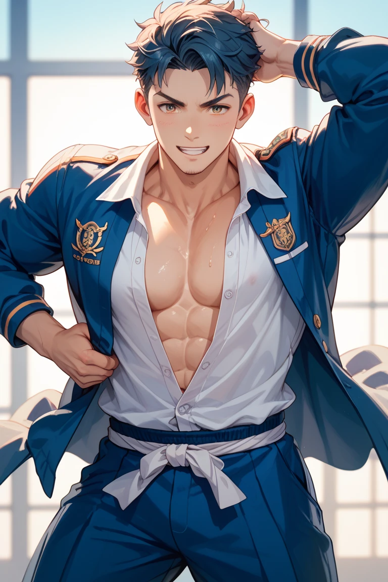 realistic, masterpiece, intricate details, detailed background, depth of field, muscular, Photo of a handsome Korean magician, american man, 25 years old, Linen Gold hair color and short hair), voluptuous crotch, Mercury planet spell, sorcerer, wearing a long hooded cloak, sexy muscular, wearing a thong, pectoral focus, Mercury planet, white skin, pale