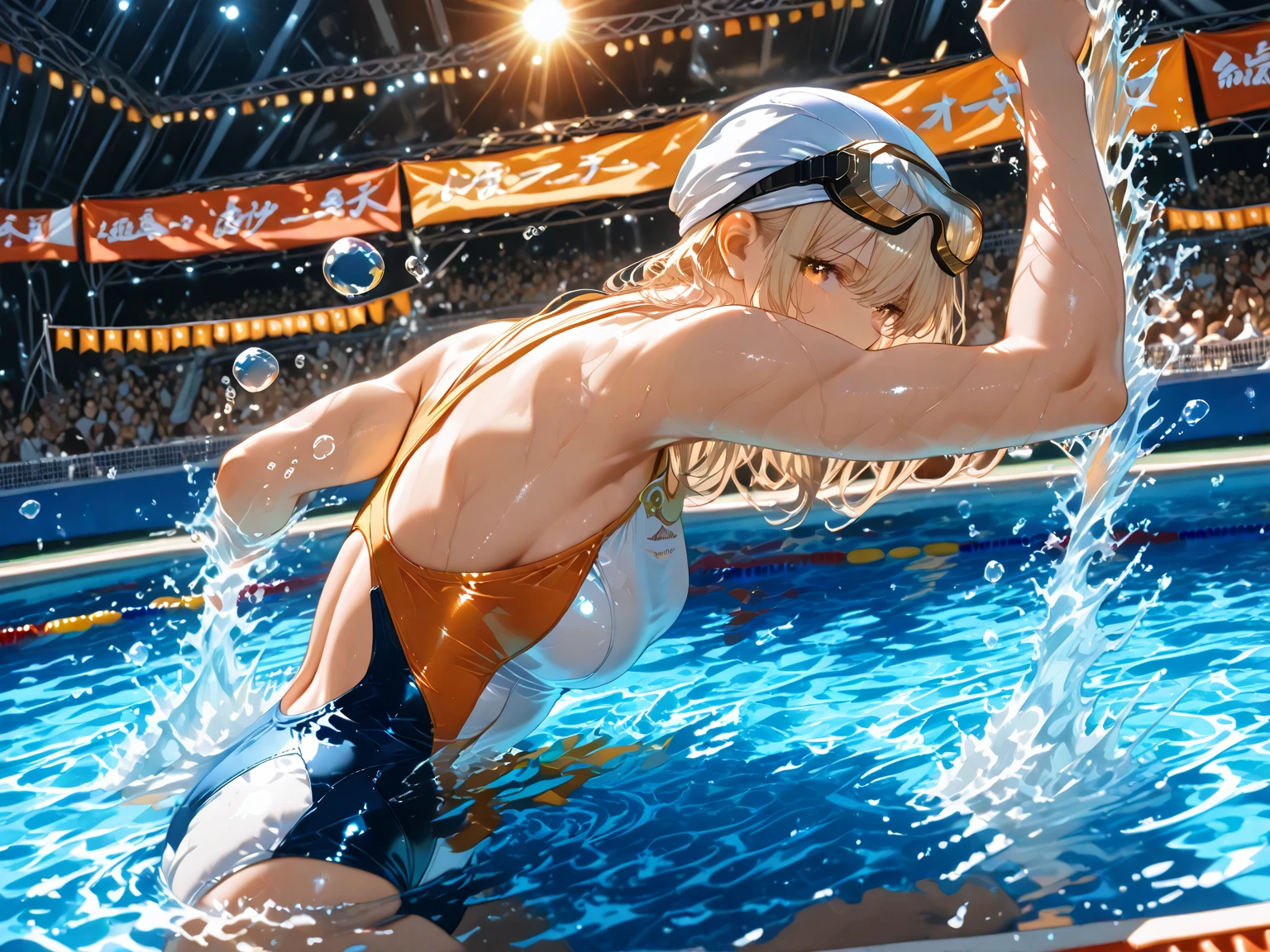 masterpiece, ultra detailed, high quality, 1 girl, competitive swimmer, teenage girl, athletic build, streamlined swimming form, perfect freestyle stroke, professional swimming technique, racing swimsuit, sleek competition suit, swimming cap, professional goggles, dynamic water splash, leading position, ahead of competitors, championship pool, olympic swimming lanes, lane dividers, underwater view visible, water ripples, speed lines, motion blur effects, side view composition, dramatic side angle, professional swimming venue, stadium atmosphere, cheering crowd in background, school sports festival banners, summer atmosphere, clear water, bubbles trail, determined expression, muscle definition, powerful arm movement, water streaming effects, dynamic action shot, anime art style, lens flare, reflective water surface, competition lighting, school uniform visible on poolside, sports photography style, victory moment, trending on artstation.