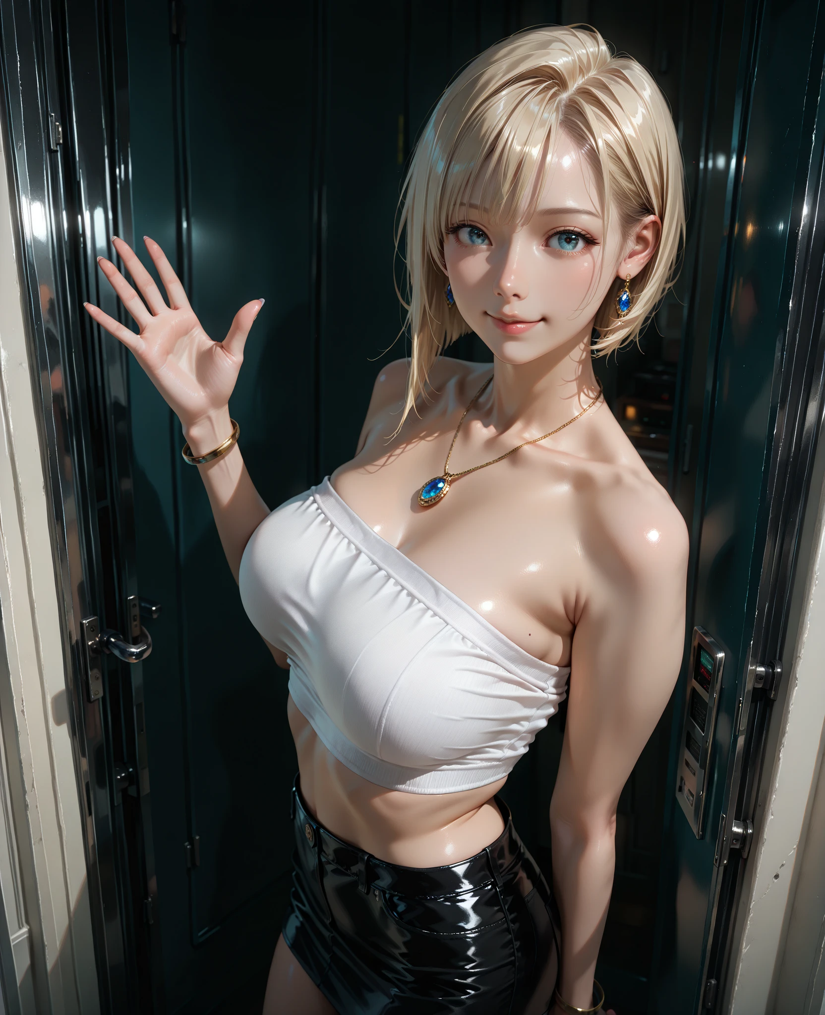 Short blonde hair, necklace, office, large glass curtain wall in the background, behind, (excellent detail, outstanding lighting, wide angle), (excellent rendering, enough to stand out in its class),