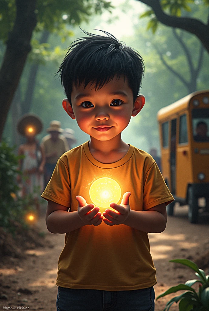 Make a scene in where a Asian kid  from the Philippines discover a treasure 