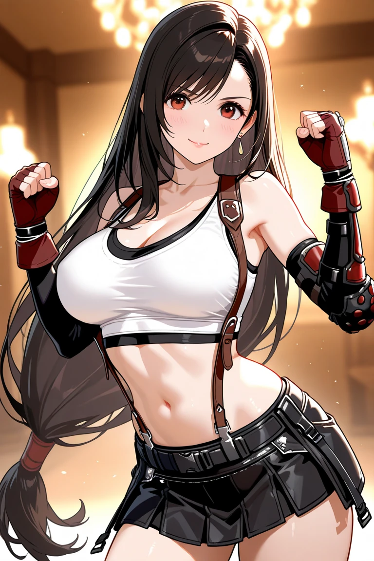 score_9, score_8_up, score_7_up,score_6, score_5, score_4,BREAK , from front,from front,(breast focus:1.5),front view.cinematic angle,standing,straight-on,(upperbody:1),looking_at_viewer ,1girl, tifa lockhart, final fantasy, tareme,black hair, low-tied long hair, red eyes, bangs, white tank top, belt, pleated skirt, thighhighs, elbow fingerless gloves, elbow pads, midriff, navel,suspender skirt ,large_breasts,(light smile),Curvy waist ,Solo,,(midnight and beachside and city),Toned. breast lift,hand on own hip, anime style, key visual, vibrant, studio anime,
highly detailed,masterpiece, best quality,
best aestethic, absurdres,cinematic lighting,