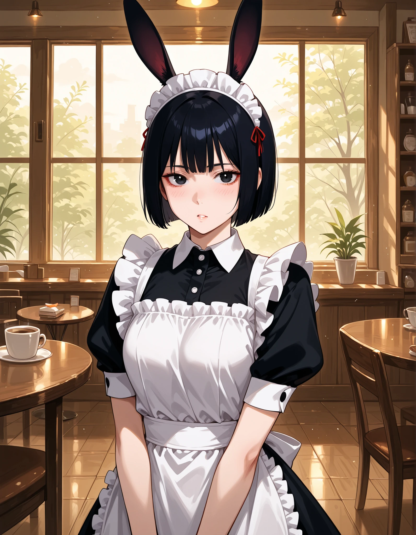 ,, solo, Maya Hell,black eyes,dark hair,bob cut,Maid Outfit、White Apron、White Headdress、 with rabbit ears、cafe,