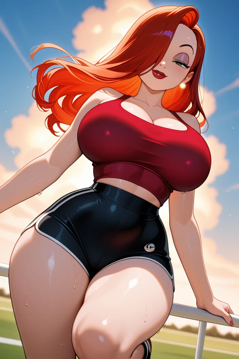 korean, red hair, big hair, legging shorts, black bra, big boobs, big ass,