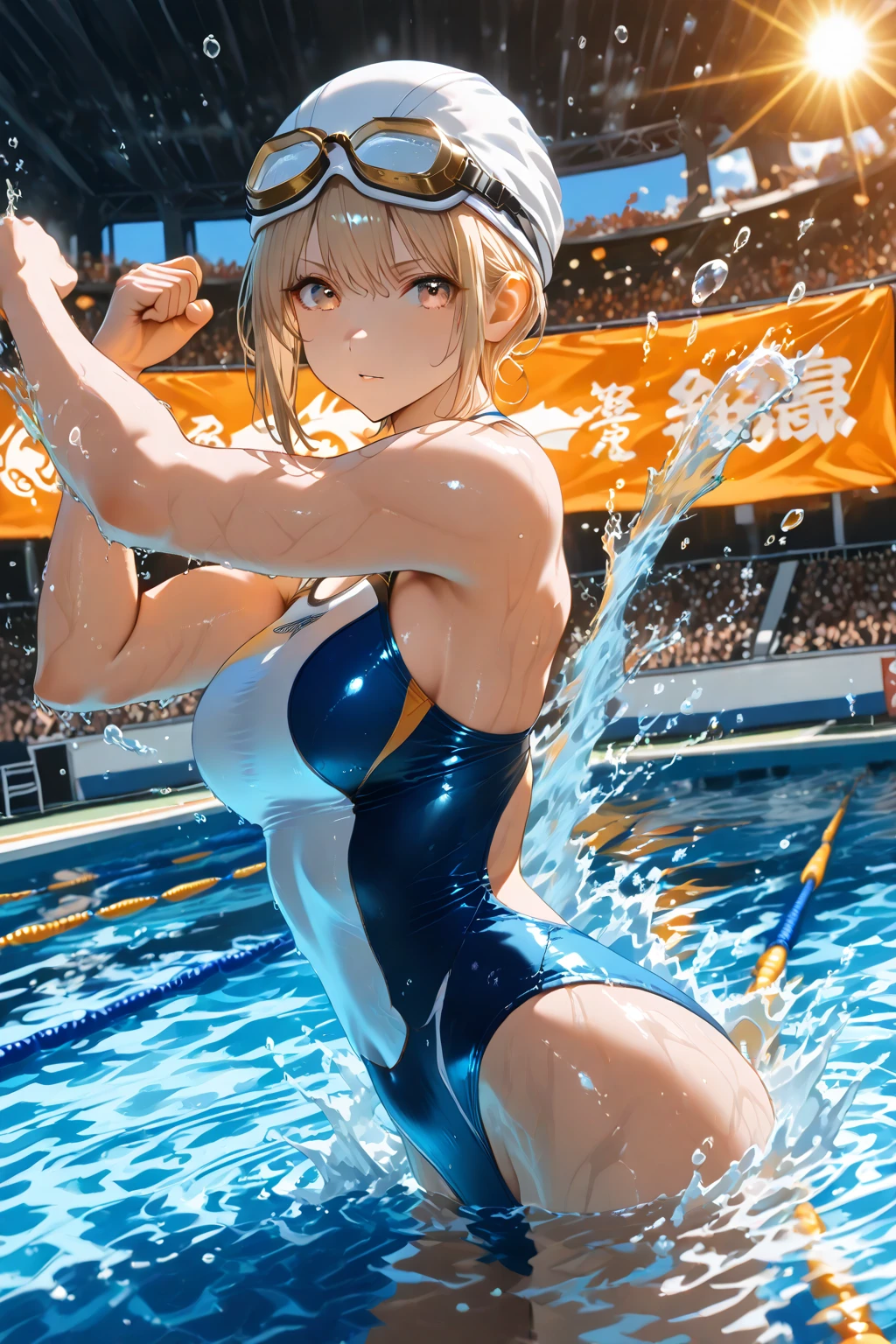 masterpiece, ultra detailed, high quality, 1 girl, competitive swimmer, teenage girl, athletic build, streamlined swimming form, perfect freestyle stroke, professional swimming technique, racing swimsuit, sleek competition suit, swimming cap, professional goggles, dynamic water splash, leading position, ahead of competitors, championship pool, olympic swimming lanes, lane dividers, underwater view visible, water ripples, speed lines, motion blur effects, side view composition, dramatic side angle, professional swimming venue, stadium atmosphere, cheering crowd in background, school sports festival banners, summer atmosphere, clear water, bubbles trail, determined expression, muscle definition, powerful arm movement, water streaming effects, dynamic action shot, anime art style, lens flare, reflective water surface, competition lighting, school uniform visible on poolside, sports photography style, victory moment, trending on artstation.