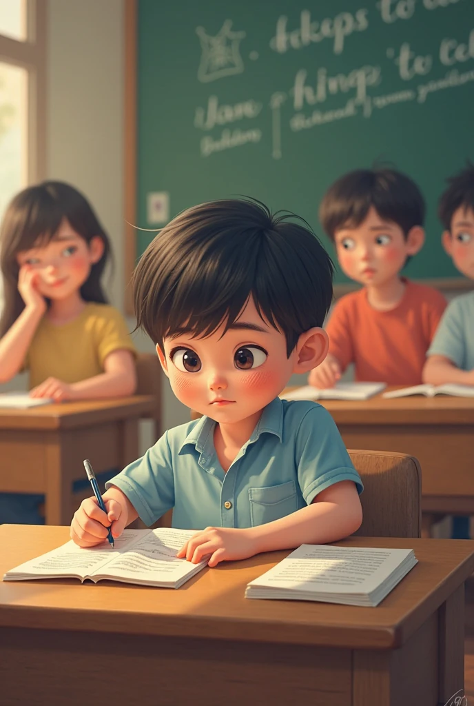 A highly realistic image of the same young boy, around with short black hair, sitting alone at a small desk in a brightly lit classroom. The boy is wearing his usual striped shirt and dark pants, with a focused and determined expression on his face. In front of him are several open notebooks filled with neat handwriting and completed assignments. A pencil is firmly held in his hand as he writes, his posture upright and attentive. The classroom is empty, with rows of neatly arranged desks and a large chalkboard in the background filled with notes and math problems. Sunlight streams in through the window, casting a warm glow on the boy’s concentrated face. The scene captures a moment of quiet achievement and self-reliance, as the young boy demonstrates his ability to succeed academically through his own hard work and determination.
