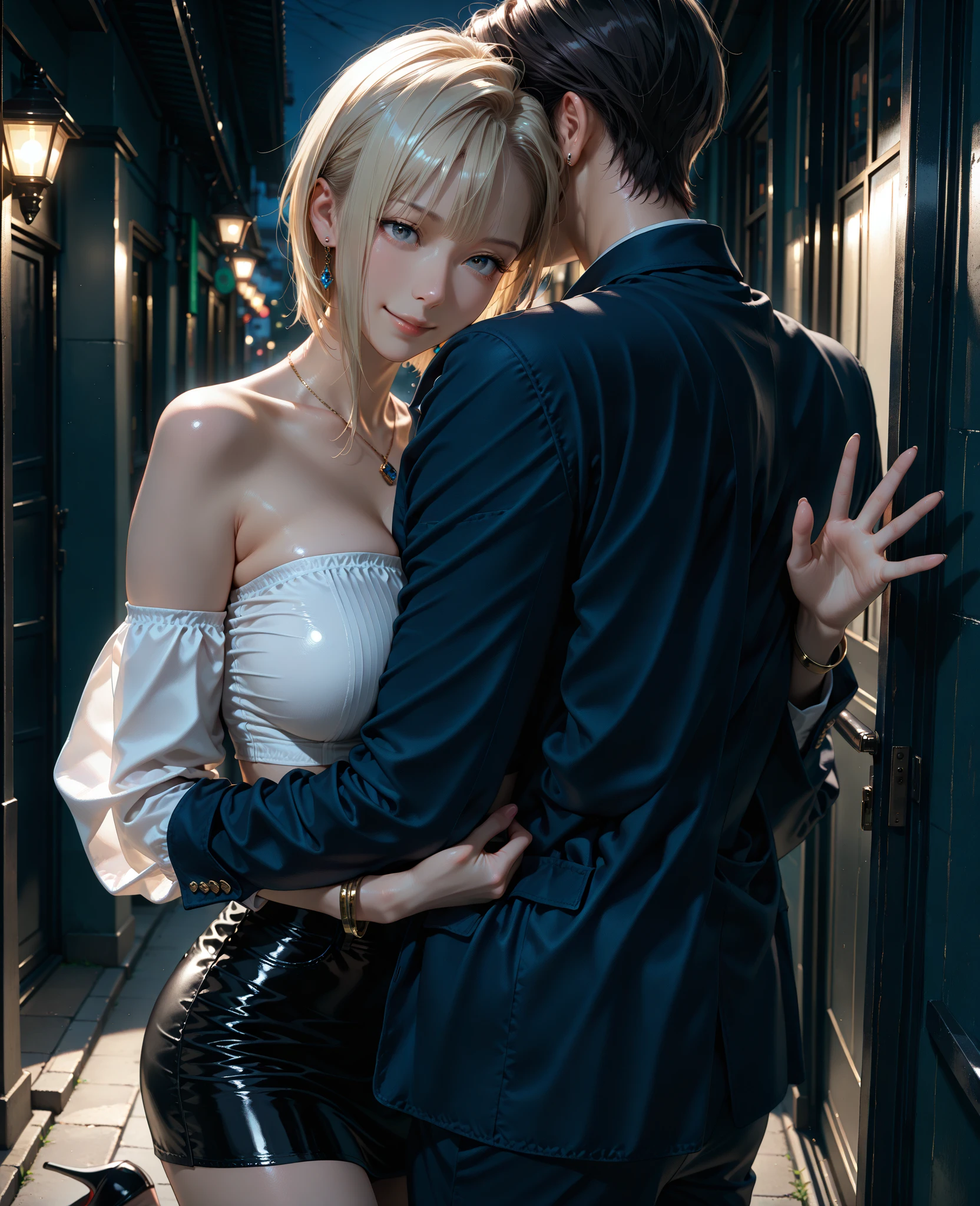 GuyTiredafther, 1girl, blush, smile, short hair, bangs, blonde hair, large breasts, 1boy, cleavage, closed mouth,