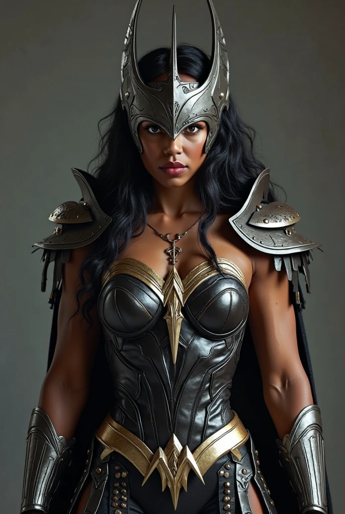 A 19 year old black girl. dark straight hair, brown eyes and very pretty. Wearing bbra and panties of a sexy epic fantasy movie armor. 8k. uhd. Hyper-realistic.