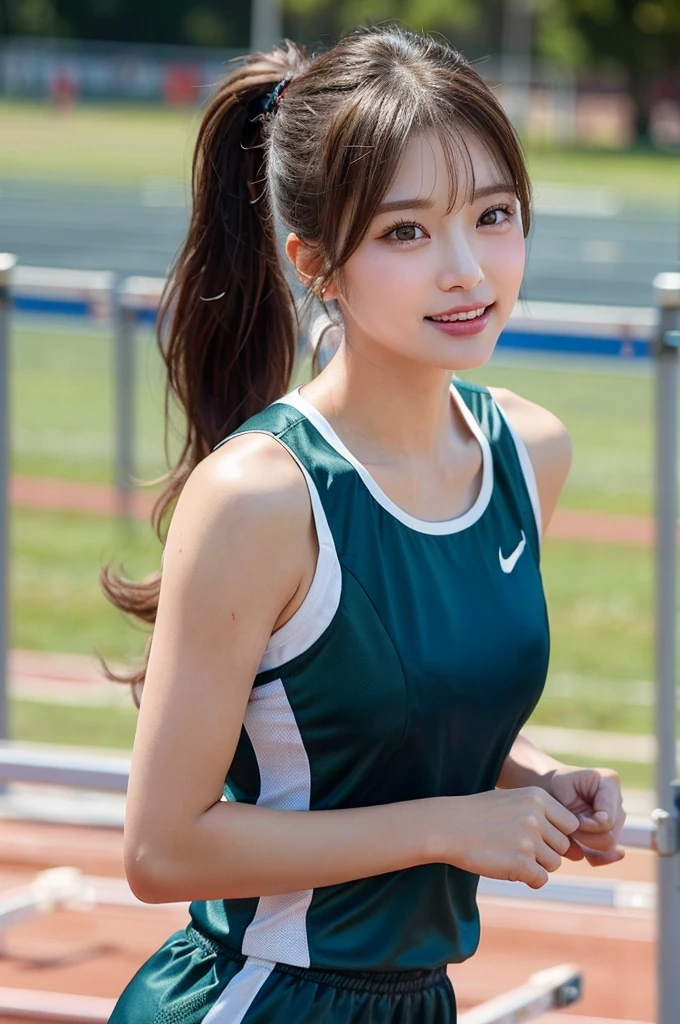 one girl, (a beauty girl, delicate girl:1.3), (16 years old, gal:1.3), (green sports wear:1.2), very fine eye definition, (symmetrical black eyes:1.3), stare at the camera, A big smile, show teeth, (trackfield view:1.2), small breasts, brown short hair, girl, (eyes and faces with detailed:1.5), (masterpiece, best quality, ultra detailed, detailed face, 8k), Swayback stance