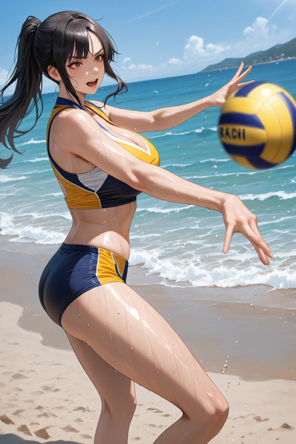 Professional women photo, 1 girl, flirting, (shiny breasts), morning, sexy, playing volleyball, costume with logo, sandy beach, backlight, (bangs), bloomers, (sweaty: 1.3), blurred background, beach volleyball, sun visor, tan,
