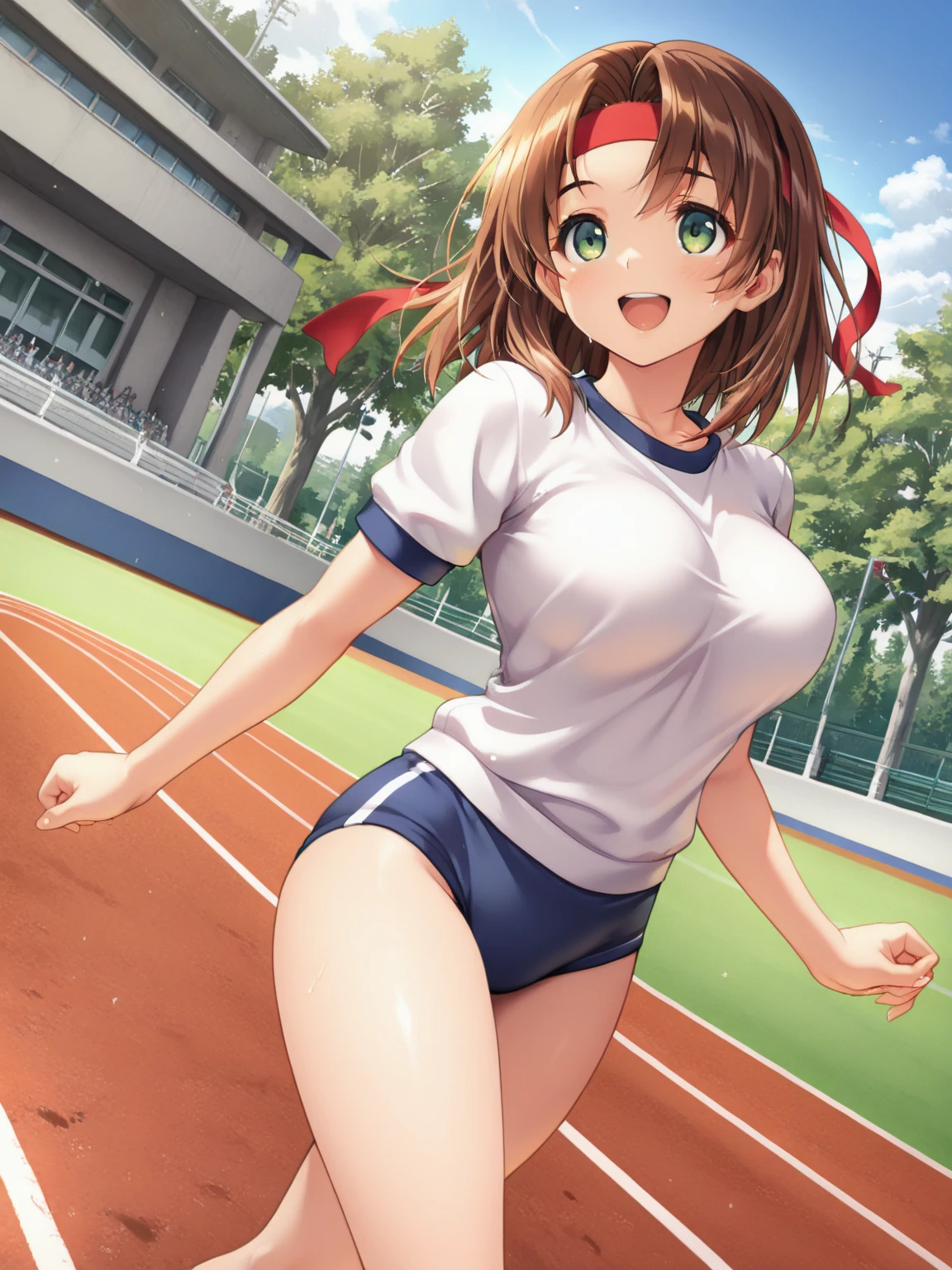 ((4K, masterpiece, highest quality)), 1 girl, Light brown SHRT hair, red eyes, center parted hair, medium breasts, cute, blush, running, white sports bra, morning, garden, Sweat,pleated skirt,school swimwear