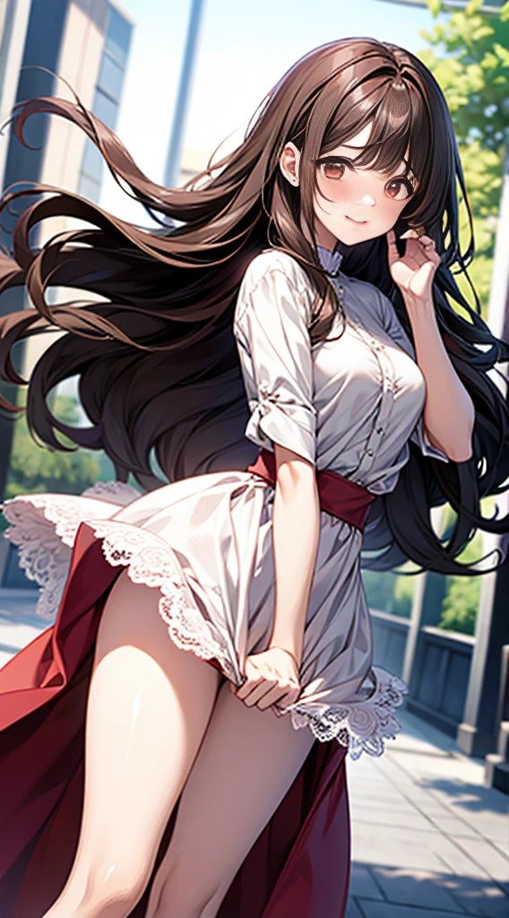 ((masutepiece, Best Quality, hight resolution, nffsw, Perfect Pixel,  4K, nffsw, nffsw))), 1girl in, Single, Solo, Beautie、full body seen、 ((Medium length wavy hair, Bangs, Brown hair)), ((Brown-eyed, Beautiful eyelashes, Realistic eyes)), ((Detailed face, Blushing:1.2)), ((Smooth texture:0.75, Realistic texture:0.65, Photorealistic:1.1, Anime CG style)), medium breasts, Dynamic Angle, Perfect body,  (Santa Claus Costume、Red knitted hat、Red off-the-shoulder sweater、Long flared skirt)), City staircase、Looking up from the bottom of the stairs、Very embarrassing panic smile、Open your mouth and make a surprised face、 turned around、bending forward、(The wind flipped my skirt and exposed my butt..........................................、stick out your butt、Touching the buttocks with both hands、White lace panties)、