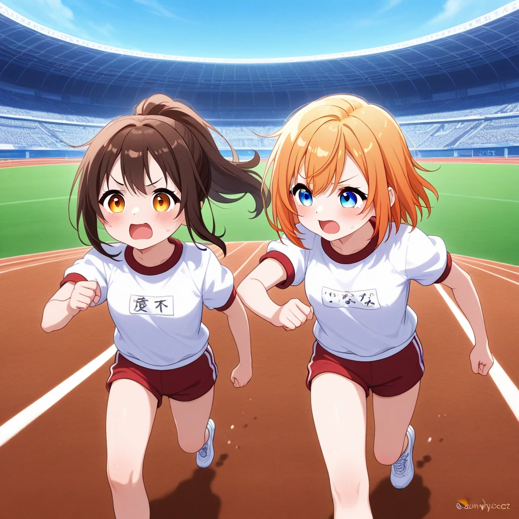 running woman、One woman、Marathon runner、Speed、Sprinting、Sweat、Open your eyes wide、Orange Hair、Green Eyes、Short Bob、belly button、Short trouseridsummer、Skinny、Solo、Laugh out loud、gum、White teeth、