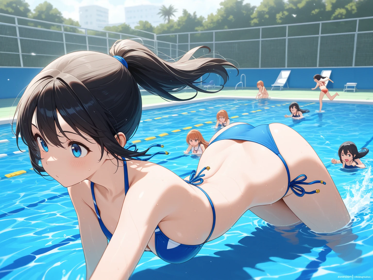 (((masterpiece, Highest quality, High resolution, 超High resolution, Perfect Pixel, Depth of written boundary, 4K, RTTX 10.0))), Beautiful Anime Woman, Beautiful art style, Anime characters, ((Smooth texture, Realistic texture, Anime CG Style)), Cinematic, Realistic, Extremely detailed CG, Daytime lighting, Perfect lighting, Best Shadow, The best natural light, ((Back view of four women wearing panties, Only the butt:1.5)), (Sexy and cute blue panties, Sexy and cute red panties, Sexy and cute purple panties, Sexy and cute light blue panties:1.3), ((Shiny satin side-tie full-back panties, Panties with lace trim around the edges:1.3), naked, Ass in panties, Angle from directly behind, Close-up angle of the butt, Brown Hair, (Resort Pool, blue sky, Tropical Tree:1.2)