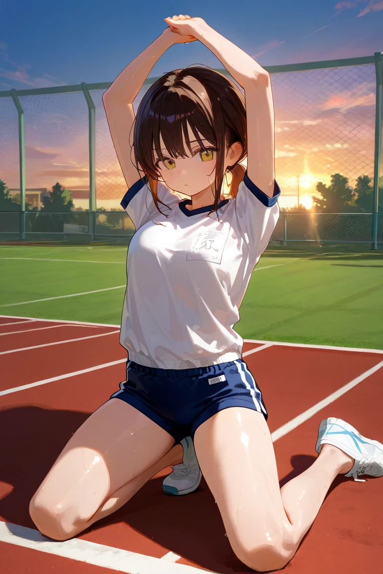 muste piece、masterpiece、highest quality、Super detailed、High resolution、8K portrait、Unity 8k壁紙のHigh definitionCG、cute type little:1.5、Lori:1.5、Highly detailed CG unity 8k wallpaper、Realistic、real person、 portrait photography、Shiny Ru skin、High definition、(16 years old:1.2)、(1 girl)、beautiful clear eyes、extremely detailed description、delicate face、nice lips、slender body、small breasts same thin waist、thin legs、(Atlantic stadium track:1.6)、cute type、perfect face、seriously、Ru:1.5),(brown hair bob hair:1.3),small breasts,same,((short sleeve gym clothes:1.2)),(((Clothes lift Ru:1.5))), (((Nipple a Ru))),((hands behind head:1.5)),(((climax in vagina:1.5)))