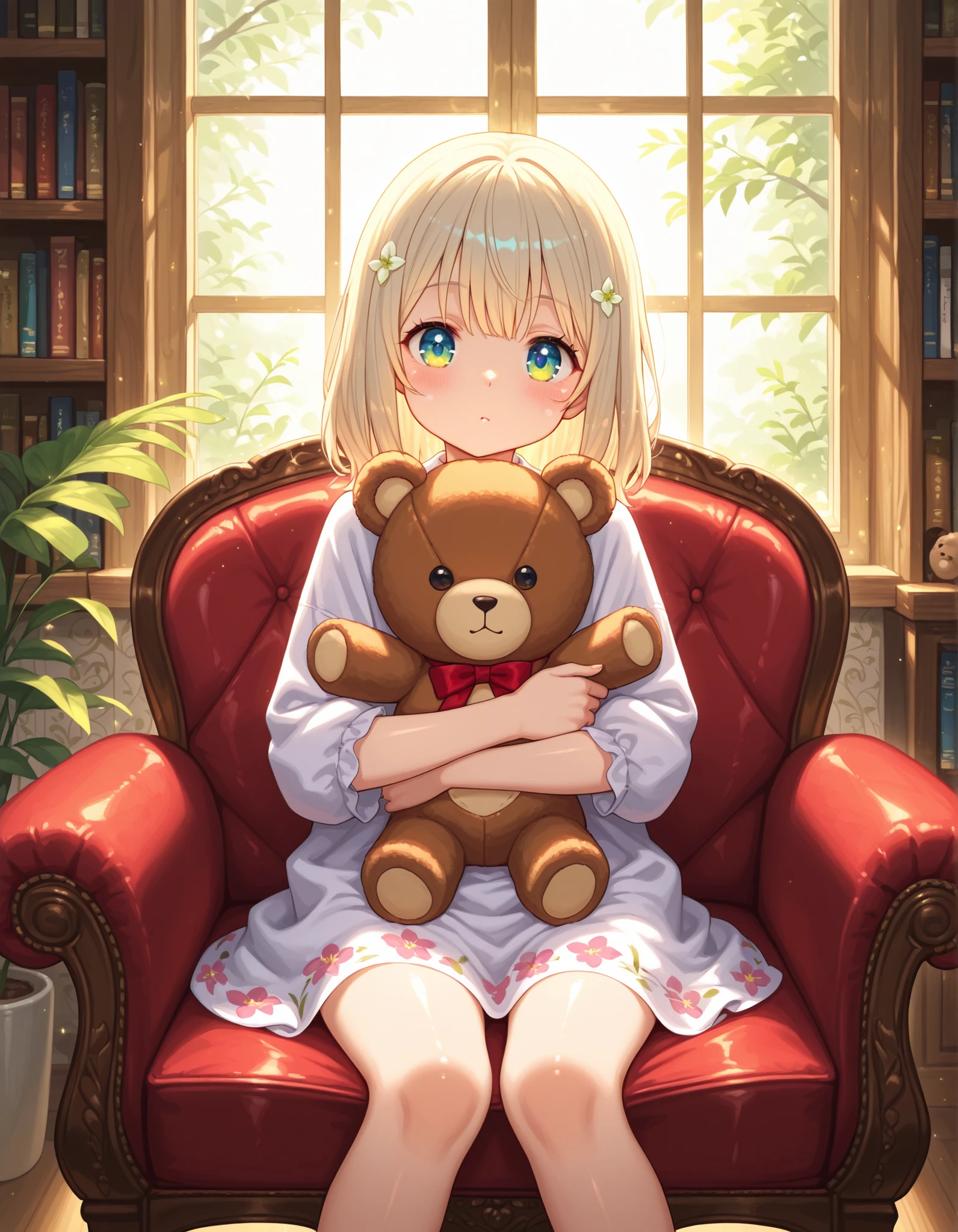 ,, A soft, natural light portrait photograph of Lily, a young girl with rosy cheeks and bright, curious eyes, holding a well-loved teddy bear. She sits comfortably in a vintage armchair, a gentle smile gracing her lips as she gazes directly towards the viewer, exuding warmth and innocence. Sunlight streams through a nearby window, illuminating dust motes dancing in the air and casting a soft glow on her hair and the plush teddy bear. The background is softly blurred, revealing a cozy living room with a patterned wallpaper and a bookshelf filled with colorful books, suggesting a comforting and familiar home environment