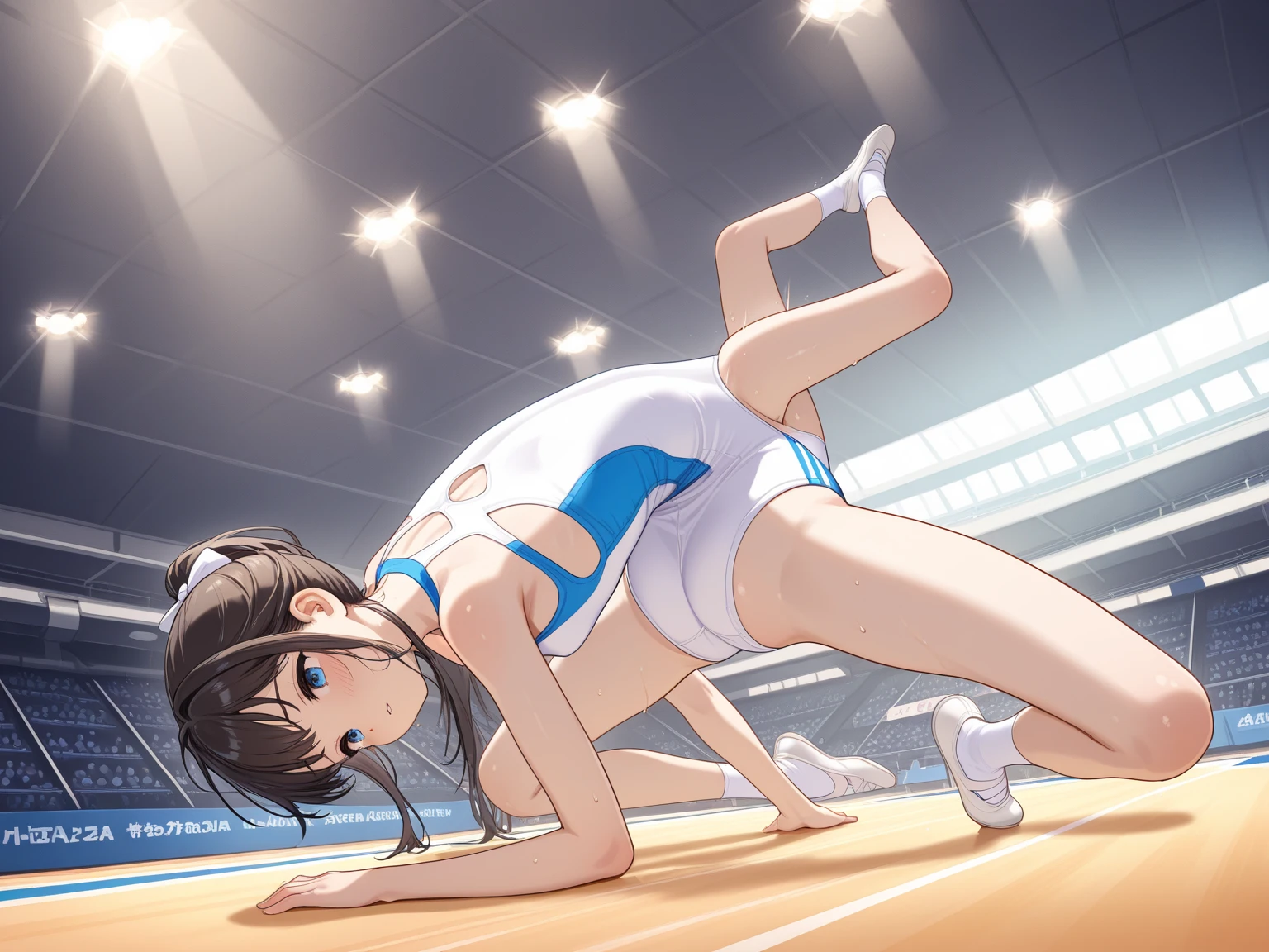 ((最高品質)), ((傑作)), (詳しい), 完璧な顔,1girl,((from behind)),full body,((foot focus,ass focus,on all fours,)),thicc,(((standing on her head))),((hands on floor)),(legs upwards),((spread legs)),open stance,looking at viewer,track uniforms,thin thong,embarrassed,moody face,