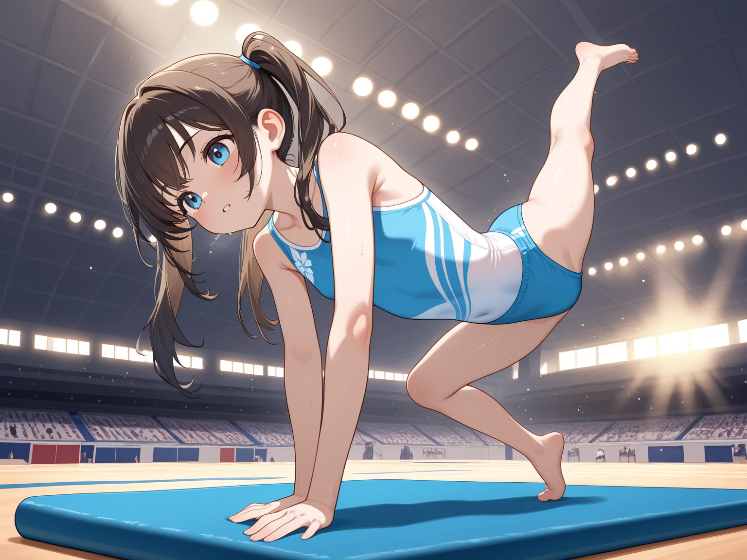 masterpiece, (textured skin), best quality, gorgeous beautiful girl, (a female gymnastics athlete), detailed clothes,large breasts,narrow waist,, (beautiful face), cinematic lighting, (at gymnastics venue ),