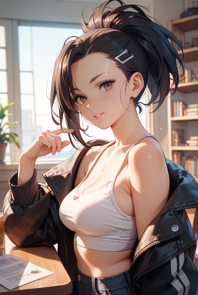 a 20-year-old woman, with dark skin color, black hair down to her shoulders, and brown eyes, smiling