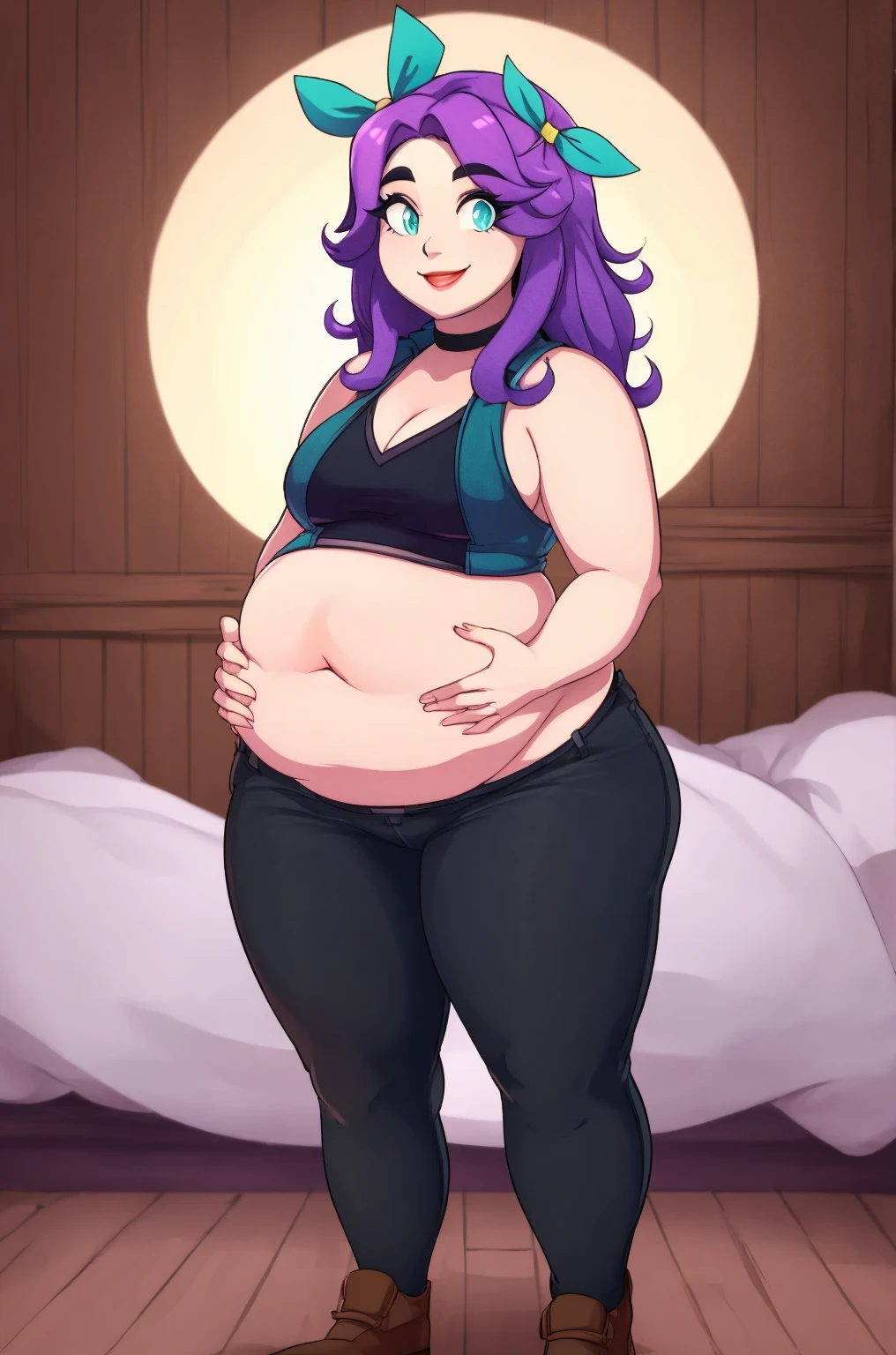 Abigail from stardew valley, looking at viewer, solo, anime eyes, fat, obese belly, big fat belly, solo, sexy smile, topless, dark purple panties, lying on bed, sexy, sexy face, inside bedroom, 1girl, wide hips, fat hips, big breasts, bbw
