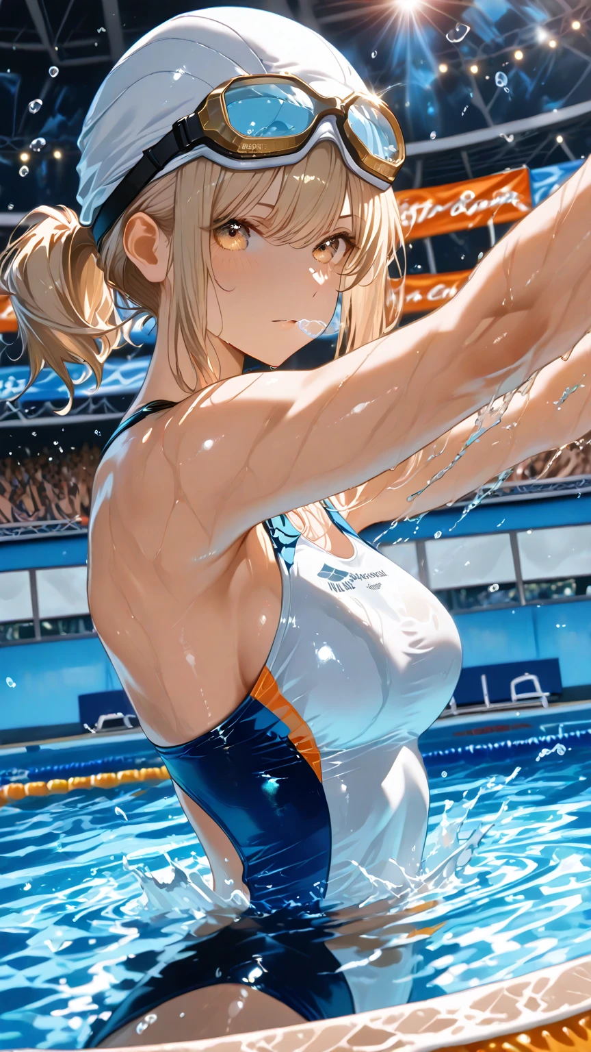 Beautiful and blond, messy hair, wearing all black, free arms, swimsuit, looking at the viewer, blurred pool background with race track, arrogant