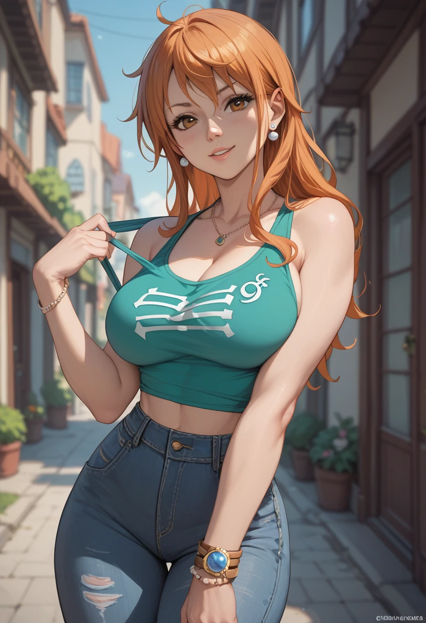 sunset shimmer, smile, upper body, outdoor, nature, jeans, breast, Shirt, turtleneck