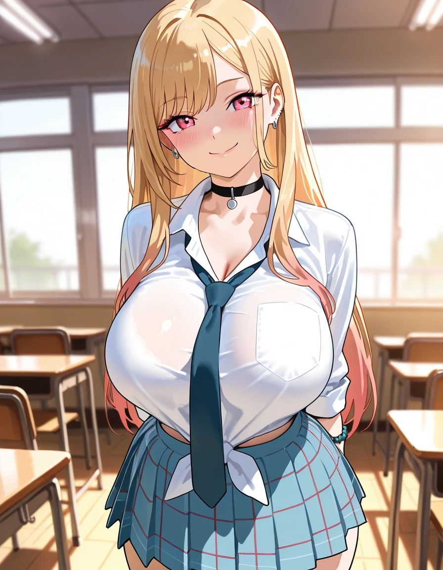 (best quality,4k,8k,highres,masterpiece:1.2), ultra-detailed, UHD, studio lighting, ultra-fine painting,sharp focus, physically-based rendering, extreme detail description, professional, vivid colors, bokeh, sexy woman, huge breasts, large breasts, curvy, voluptuous, blonde hair (straight bangs), sky-blue eyes, long hair, high school uniform, plaid skirt, earrings, grinning, dynamic pose, solo focus, classroom, indoors