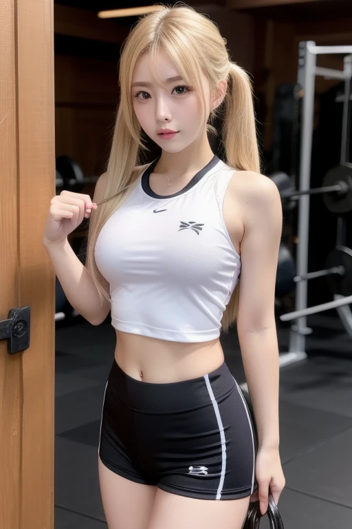 1girl, (Blue Eyes), (smiling :1.2), wide hips, (big tits :1.1), (big ass), (thin waist :1.2), (thick thighs), (toned legs :1.1), muscle, (Best Quality, 8k, Masterpiece: 1.3), Clear Focus: 1.2, Perfect Body Beauty: 1.4, (strong abs :1.2), Highly detailed face and skin texture, detailed eyes, double eyelids, (shiny skin :1.2), (long blonde straight hair :1.2), (black sports top :1.2), (white sports shorts :1.2), standing, in a gym