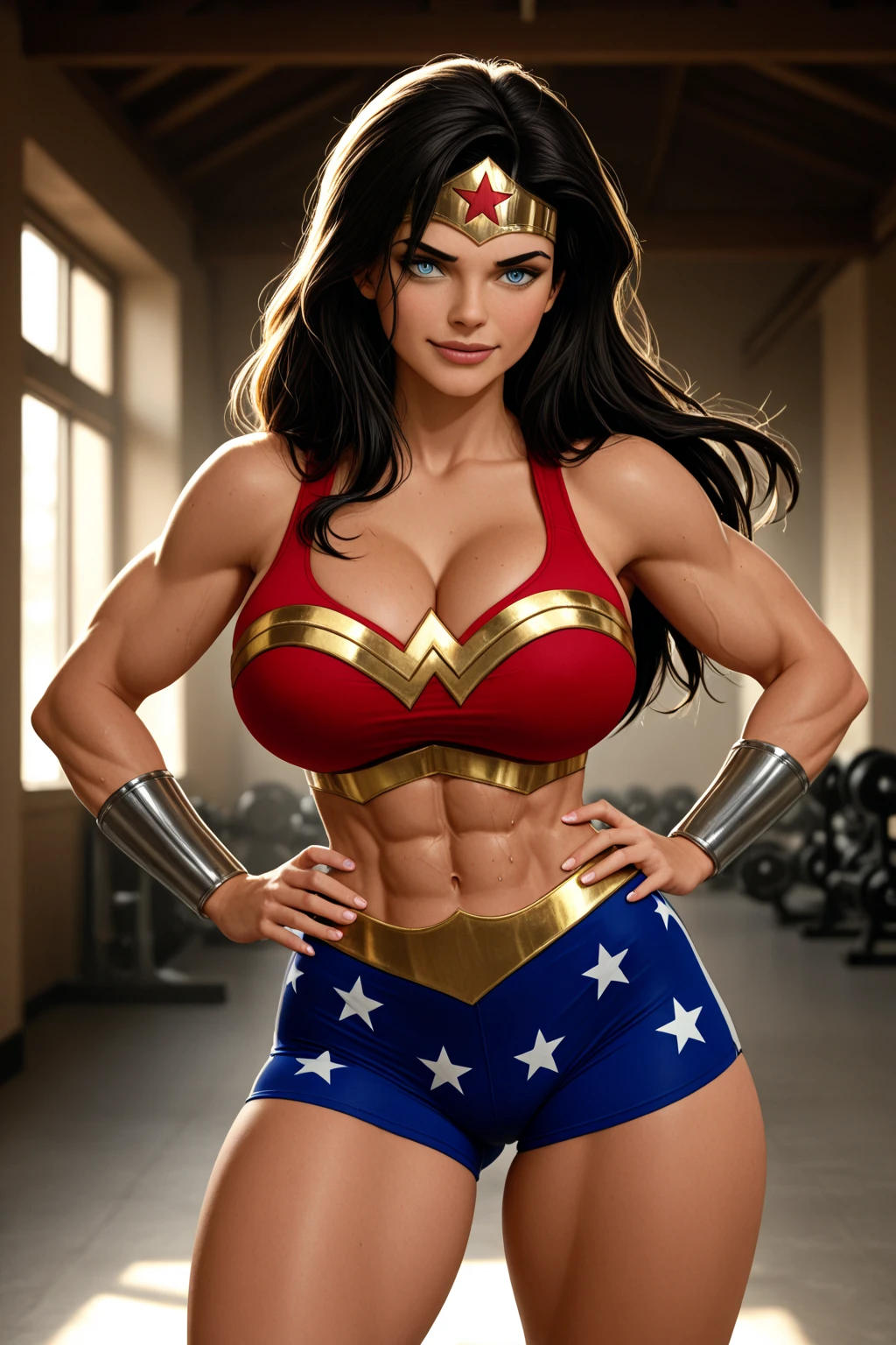 close up de uma mulher com ( orelhas de gato),um corpo, mulher em forma, menina musculosa, muscular character, feminino e muscular, modelo fitness,(( cabelo preto longo detalhado)), corpo forte, caracteres musculares, Rasgado, strong arms, Estilo anime 3D realista, Muscles, Muscle, muito lindo. large muscles, fisiculturismo mulher, Cut shirt and strong body abs look like wonder woman standing from afar looking at the camera