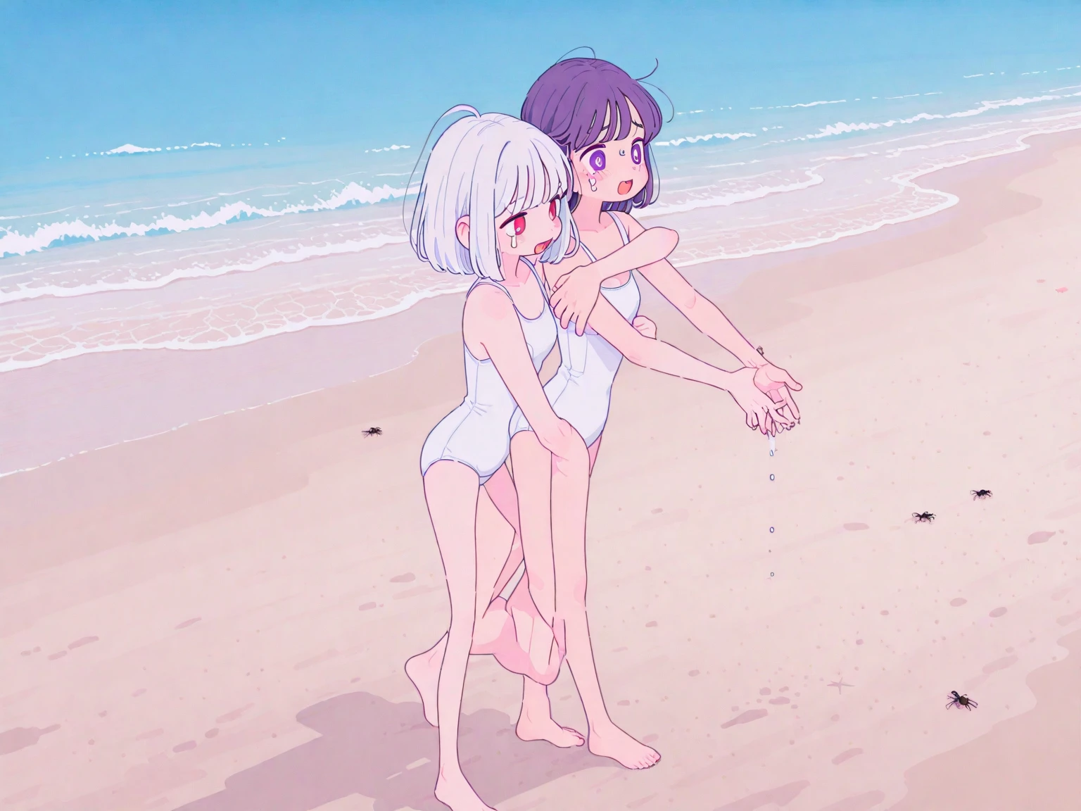 Tropical Beach, Two anime characters, Young, Completely naked, Playing together, Lesbian, A composition that includes both people's entire bodies in the image, Image drawn using colored pens and watercolors, Raccoon ears on head, A raccoon tail on the butt, Her hair is a blue-gray base with a raccoon pattern., The hairstyle is short, Wearing a collar with a blue ribbon, Eye color is hawk brown, The look on the face「Kemono Friends3」Inspired by the raccoon dog, Fox ears on head, Fox tail on the ass, Hair color is orange-yellow, Hairstyle: Long hair, Wearing a pink ribbon collar, Eye color is hazel, The look on the face「Kemono Friends3」Inspired by the red fox, Tropical Beachリゾート, Lesbian Sex,