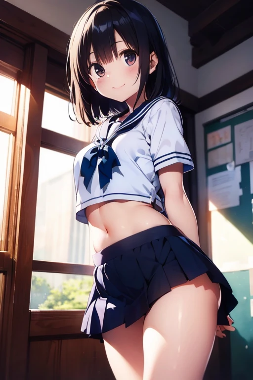nsfw,alone, (One girl), Elementary school girl,8-year-old, ((Pink Panties)), (wearing only the top half of sailor school uniform),sexy, (Cowboy Shot), ((arms behind back)), classroom, With a girl:Her hair is long and black, Her face is round and cute, Black Hair, Low twin tails, (Are standing),(Shy, Embarrassing),from below,from the front,Wet,,(pussy juice),