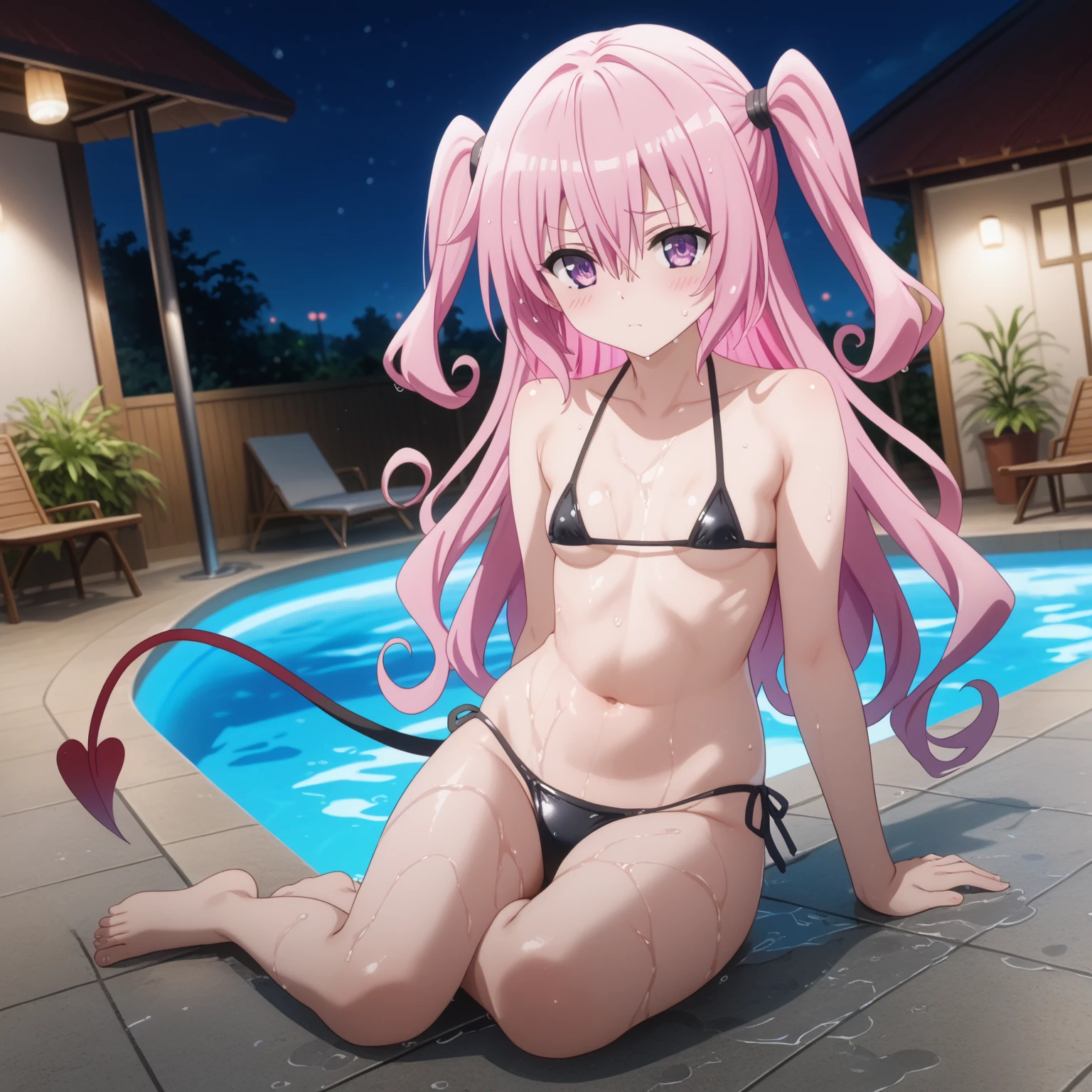 NSFW,pieces fly,masterpiece,highest quality,Super detailed,High resolution,8K portrait,unity,8k wallpaper high definition CG,shiny skin,(10 years old:1.3),(change:1.3),(1 girl),beautiful clear eyes,very detailed explanation,delicate face,nice lips,slender body,thin waist,thin legs,(school poolside:1.5),cute type,perfect face,seriously,(blush:1.5),(pink hair twintails:1.3),((flat chest:1.3)),((Orgasm in the vagina:1.3)),(spread your legs:1.5),(pussy:1.5)