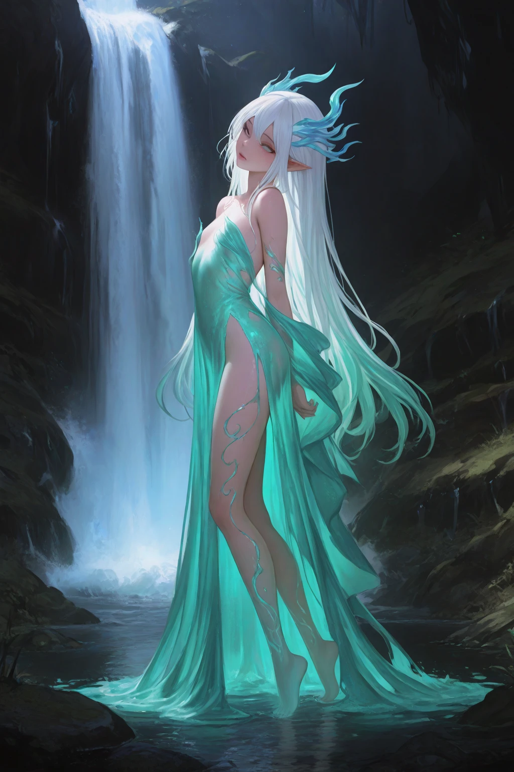(Masterpiece), (Best Quality), (Ultra Fine), (Pan Hair), (Illustration), (1 Girl), (Fashion Clothing), Standing, Fashion Model, Looking at the Audience, (Background Forest), Beautiful Delicate Eyes, Delicate Beauty, Floating, (High Saturation), (Colorful Splashes), ,(Full Body)(Beautiful Figure), Focus on Face, Ponytail, Lining, Light Blue Hair, Bangs, Hair Ring, Floating Flowers, Flowing Hair, (Shiny), Best Lighting, Best Shadows, Vistas, In the forest, there are pets