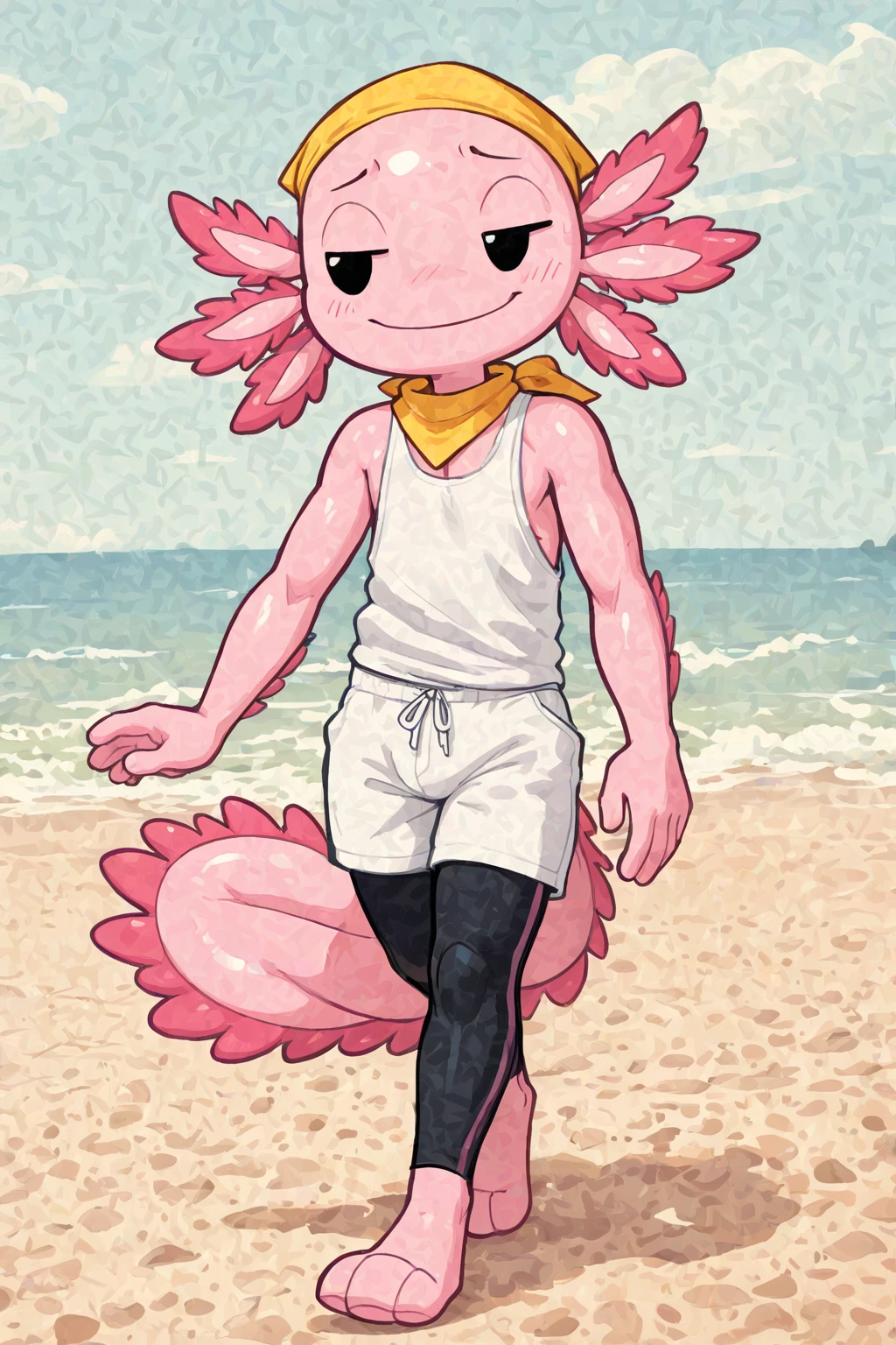 A charming young man embodying the essence of pink. He stands confidently outside, surrounded by a flock of pink flamingos, his smooth, lean body highlighted by pink underwear. His vibrant pink hair adds a playful touch, creating a delightful and harmonious scene.