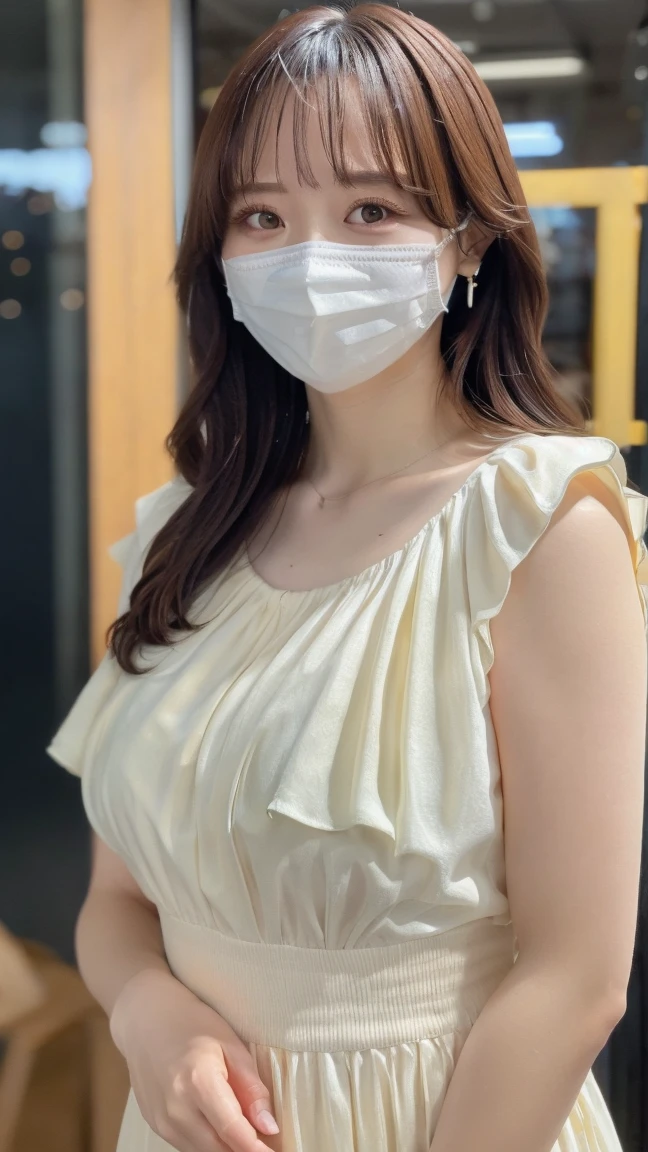 Summer clothes、白いWearing a mask,Wearing a mask,White Mask,,arafed woman wearing a face マスク、(Highest quality、High resolution、masterpiece:1.3)、(The background is a luxury hotel lobby)、Precise expression of details such as face and skin texture、Big eyes、double eyelid