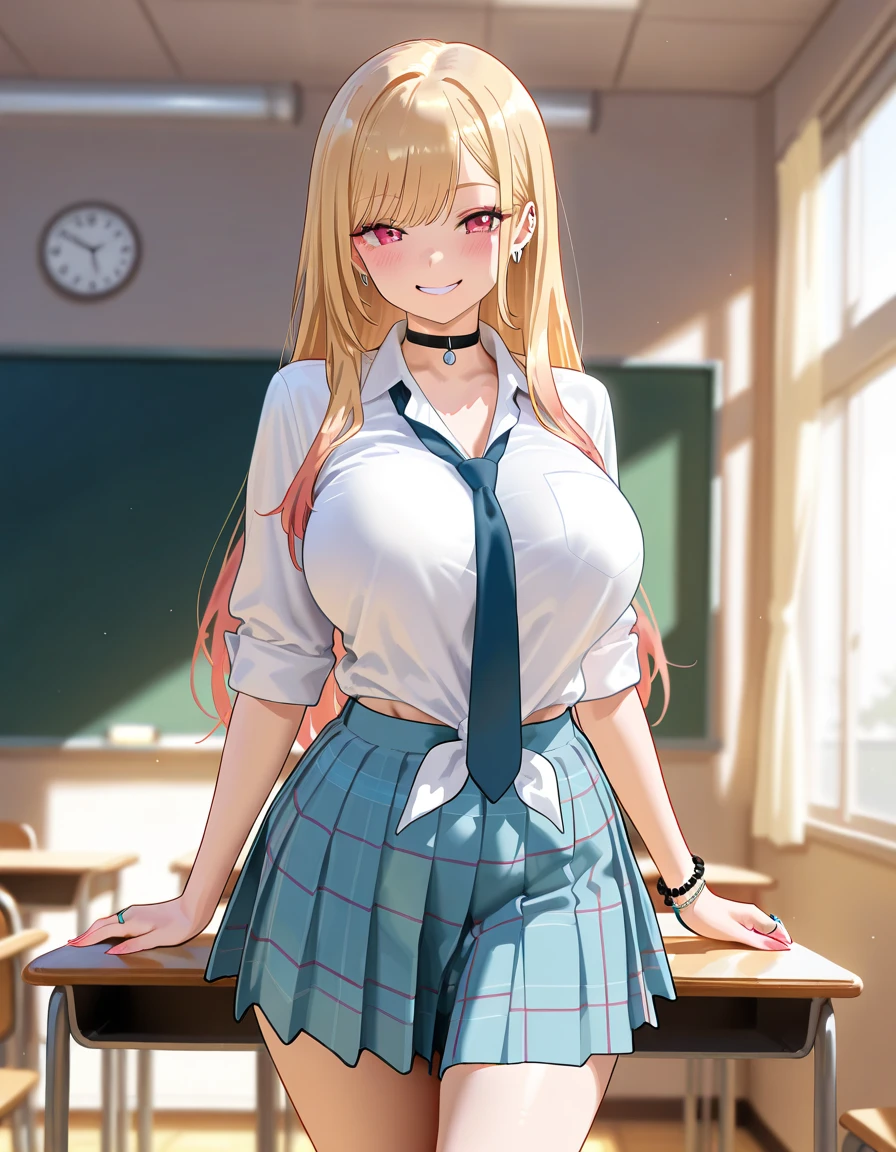(extremely details CG, Unity, 8K Wallpaper extremely delicate and beautiful), (​masterpiece), (top-quality:1.0), (超A high resolution:1.0), ((perfect proportion shot:1.0)), beautiful vibrant lighting, realistic shadow, [high resolution], ((brown tanned skin)), cute face, round eyes, red contact lens, slanted angled brow, 17 years old, bold expression, naughty smile, red lips, ((blonde dyed hair)), ((tied up hair)), (((medium breasts size))), plumpy body shape, gyaru girl, high school classroom, colorful necklaces, colorful bracelets, earrings, ((white long sleeve shirt)), ((red ribbon tie)), ((pleated grey square motif skirt)), ((waist up shot))